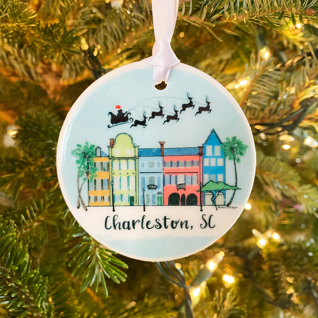 Rainbow Row Christmas Scene Ceramic Ornament